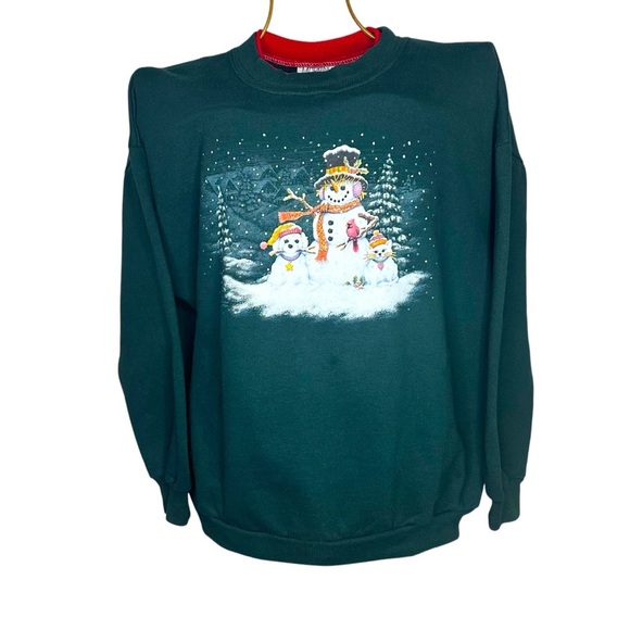 Morning Sun Vintage Snowman Dog Cat Snow Winter Double Collar Crewneck Sweater - Picture 1 of 5